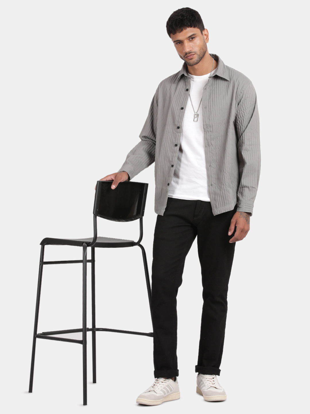 Men Grey Slim Fit Spread Collar Full Sleeve Casual Shirt