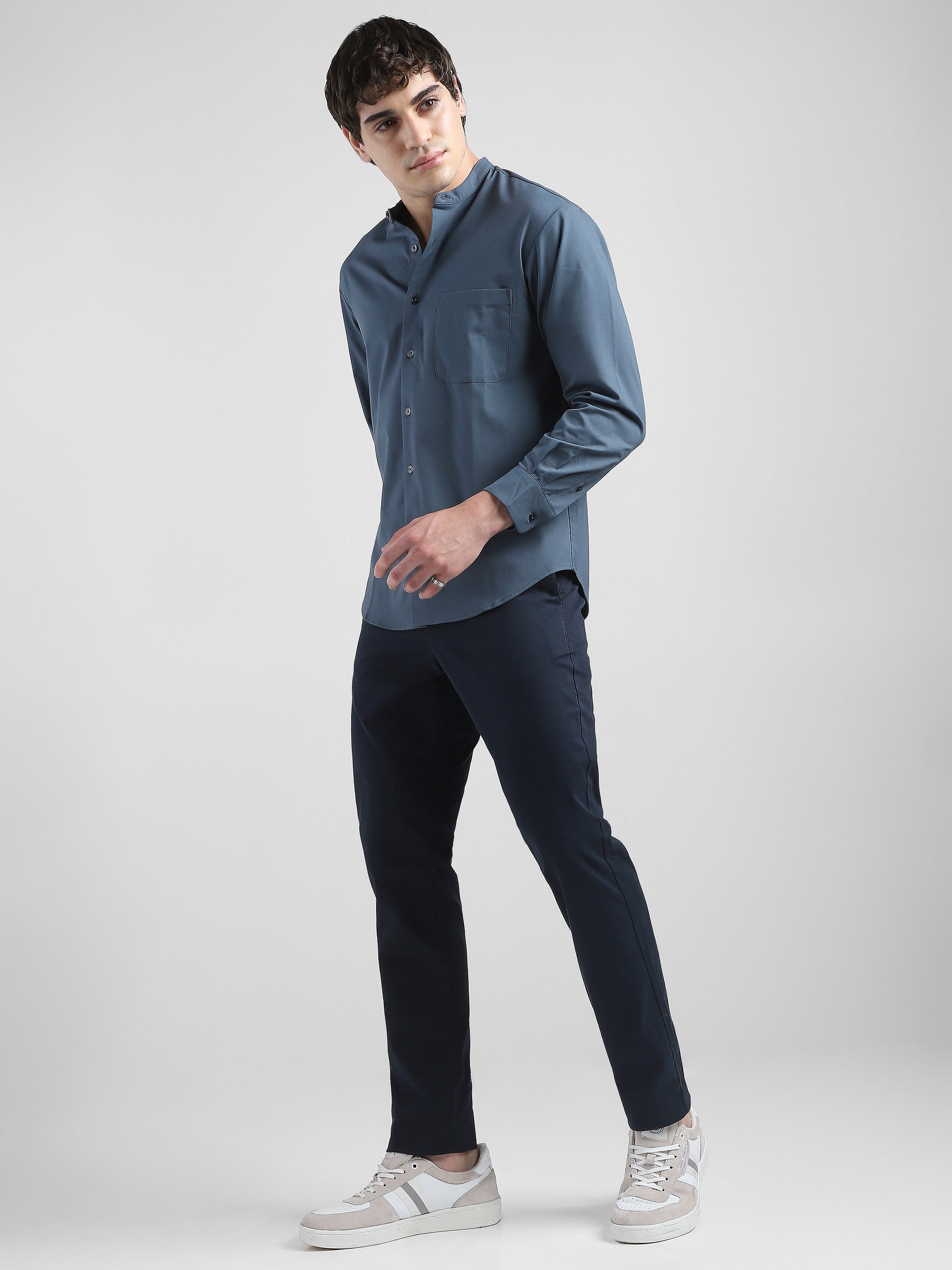 Men Grey Mandarin Collar Regular Fit Shirt