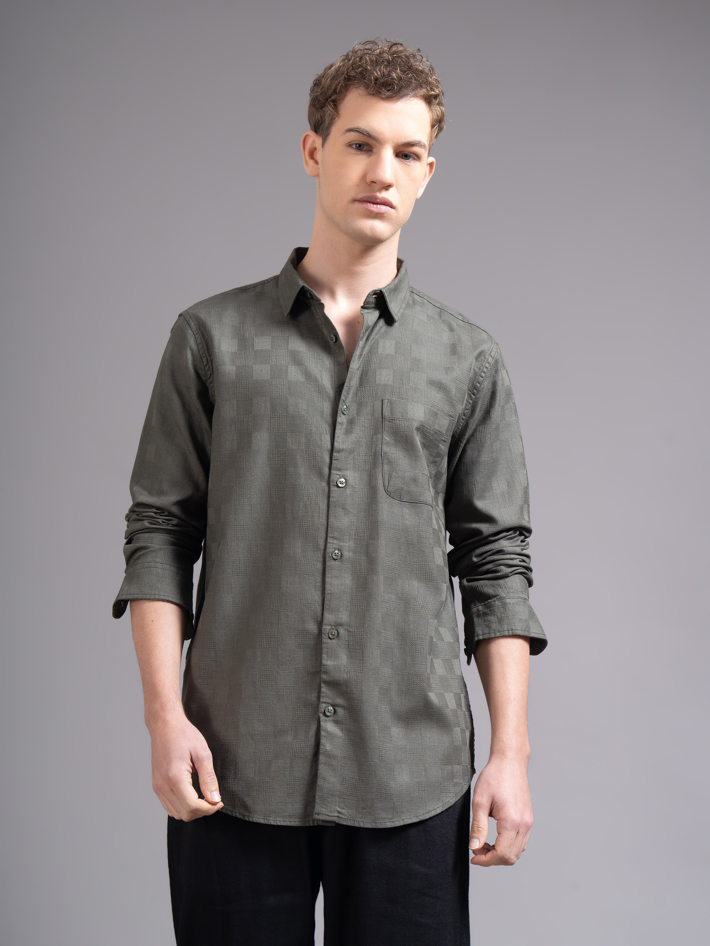 Men Olive Checked Shirt