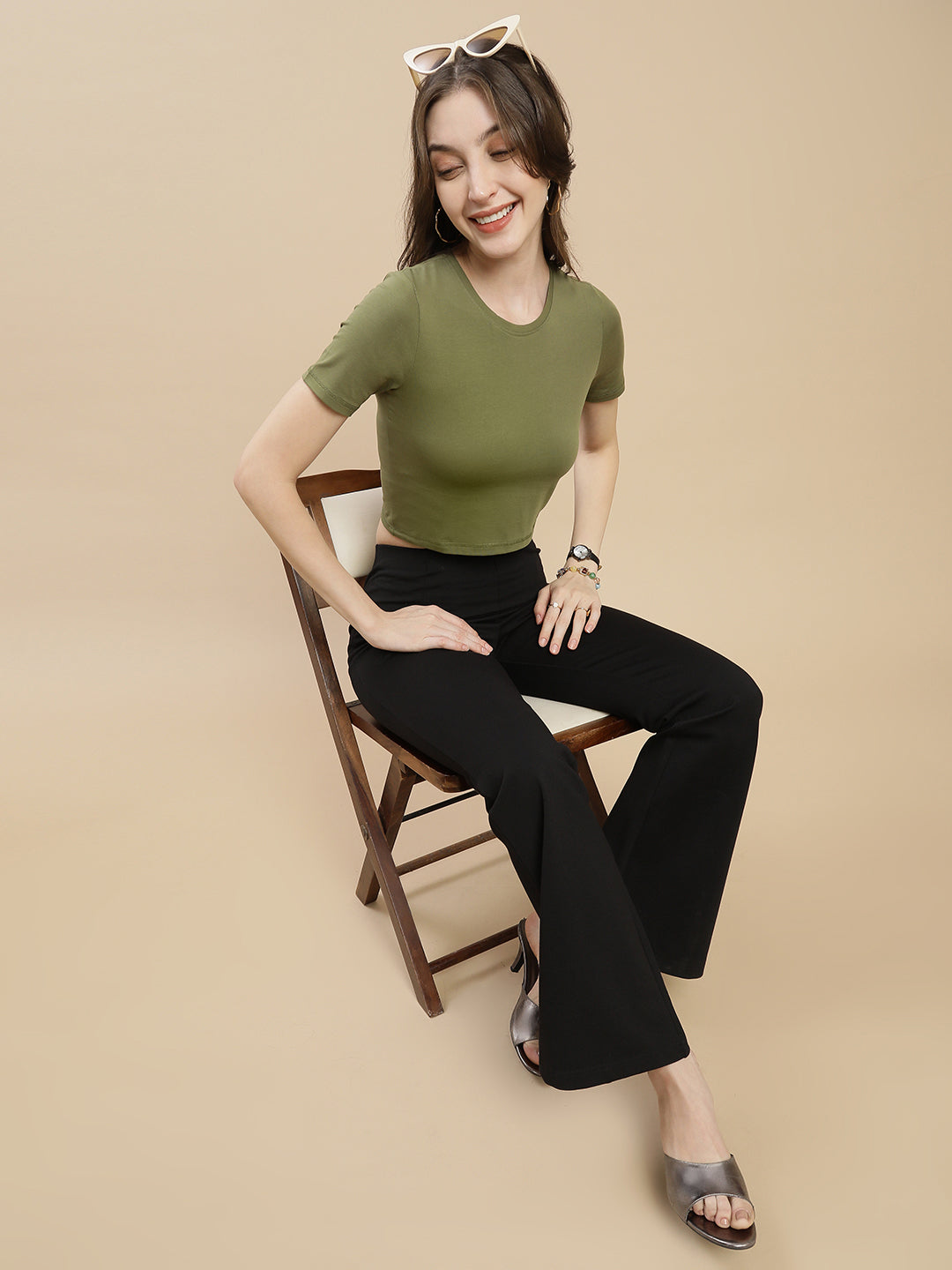 Women Olive Crew Neck Crop Top