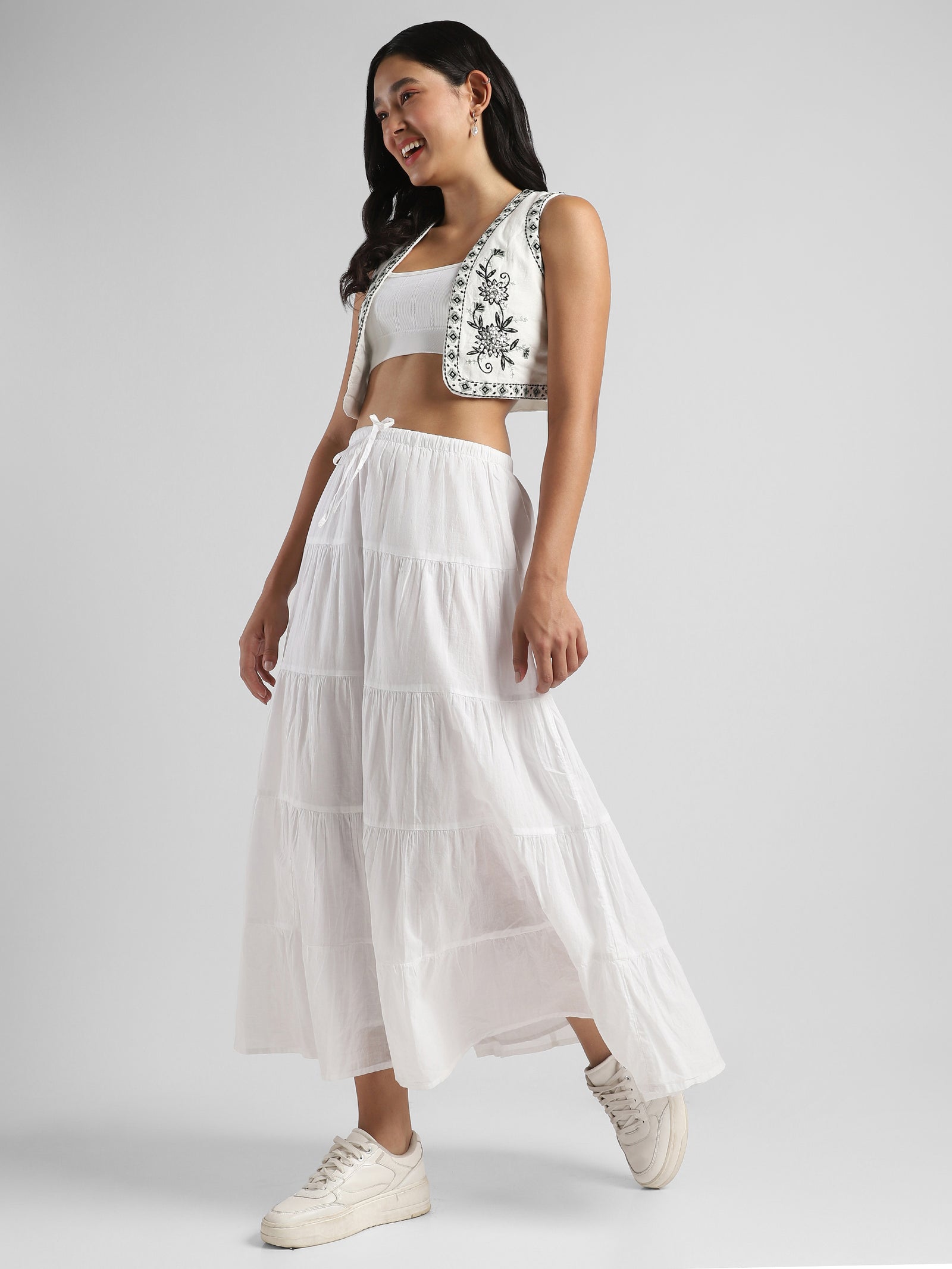 Women White & Black Printed Embroidered Short Jacket