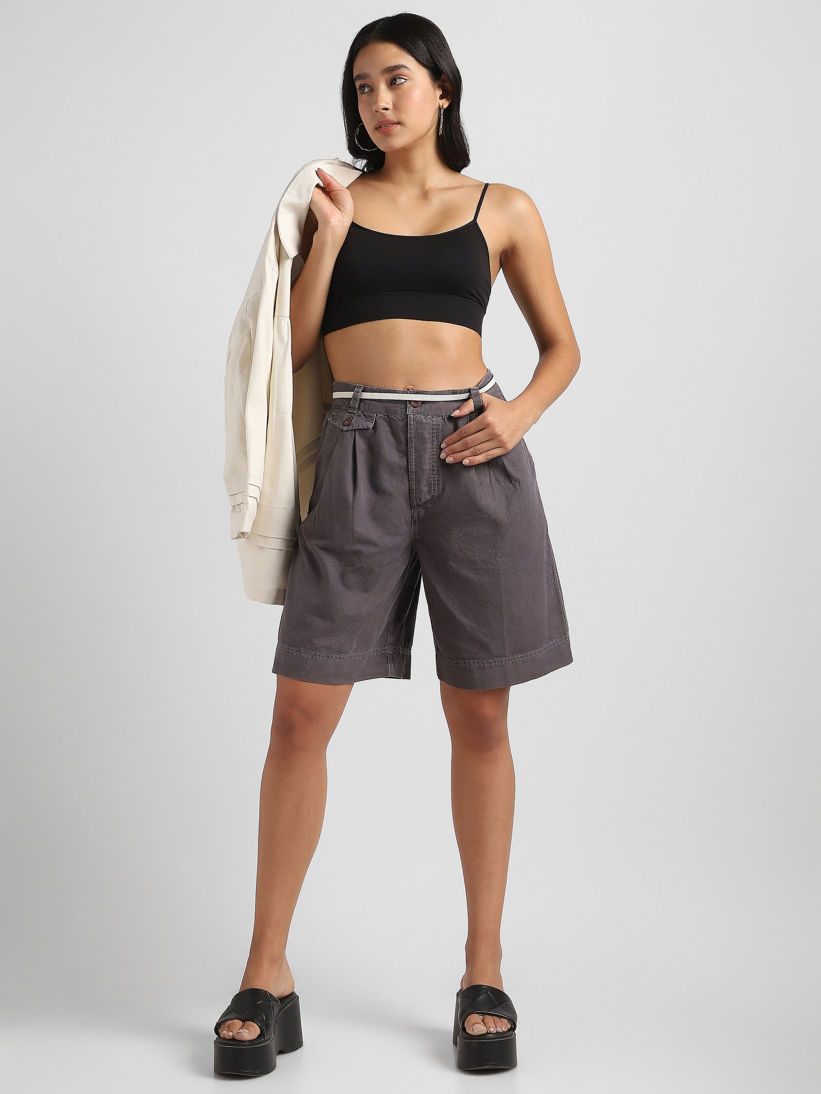 Women Grey Regular Fit High Waist shorts