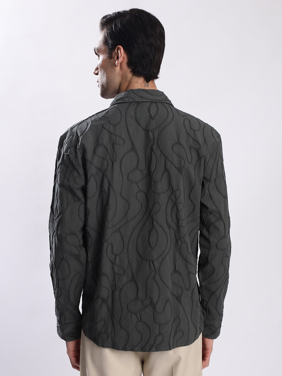 Men Olive Textured Shirt with stylized Collar