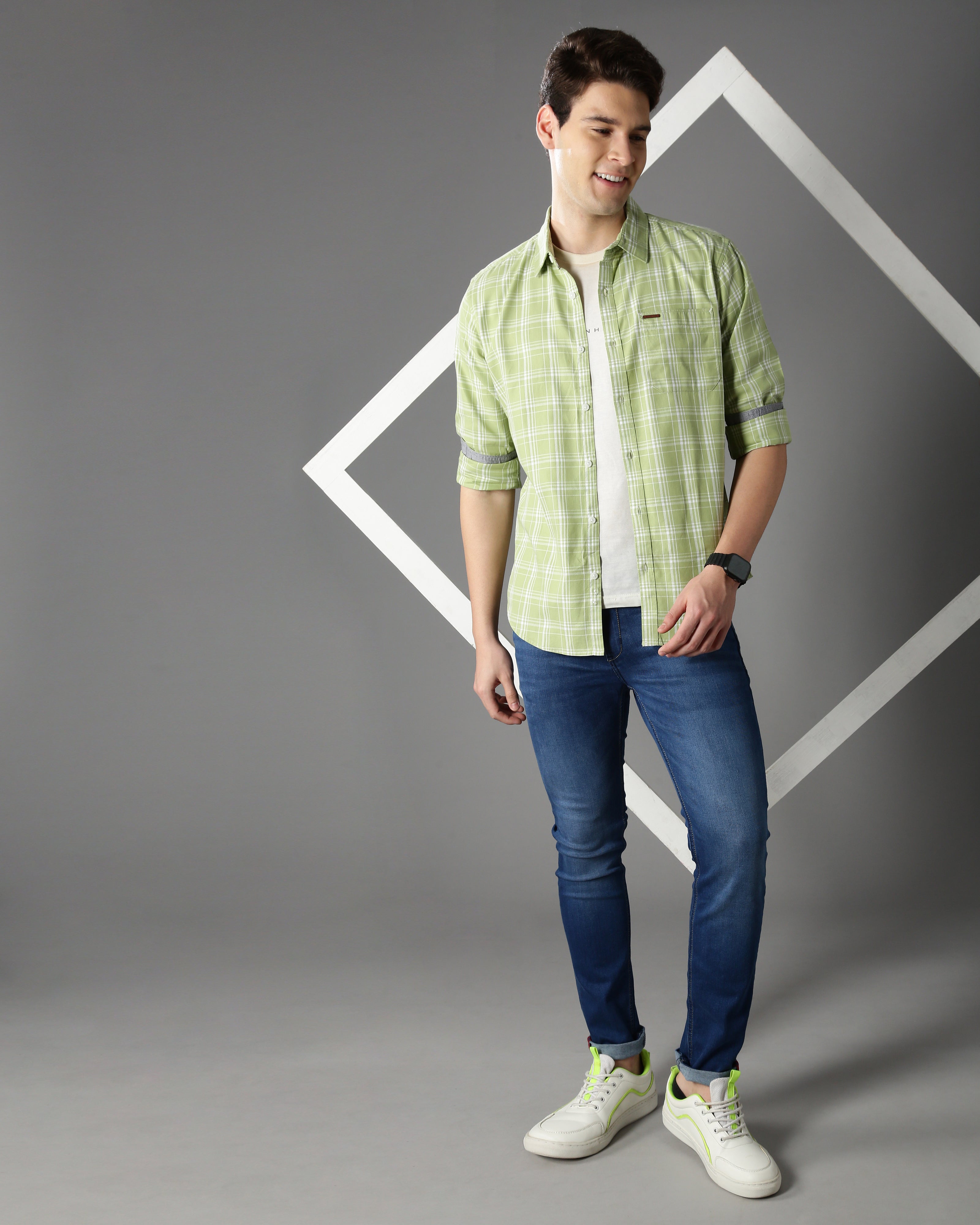 Men Green Cotton Slim Shirt