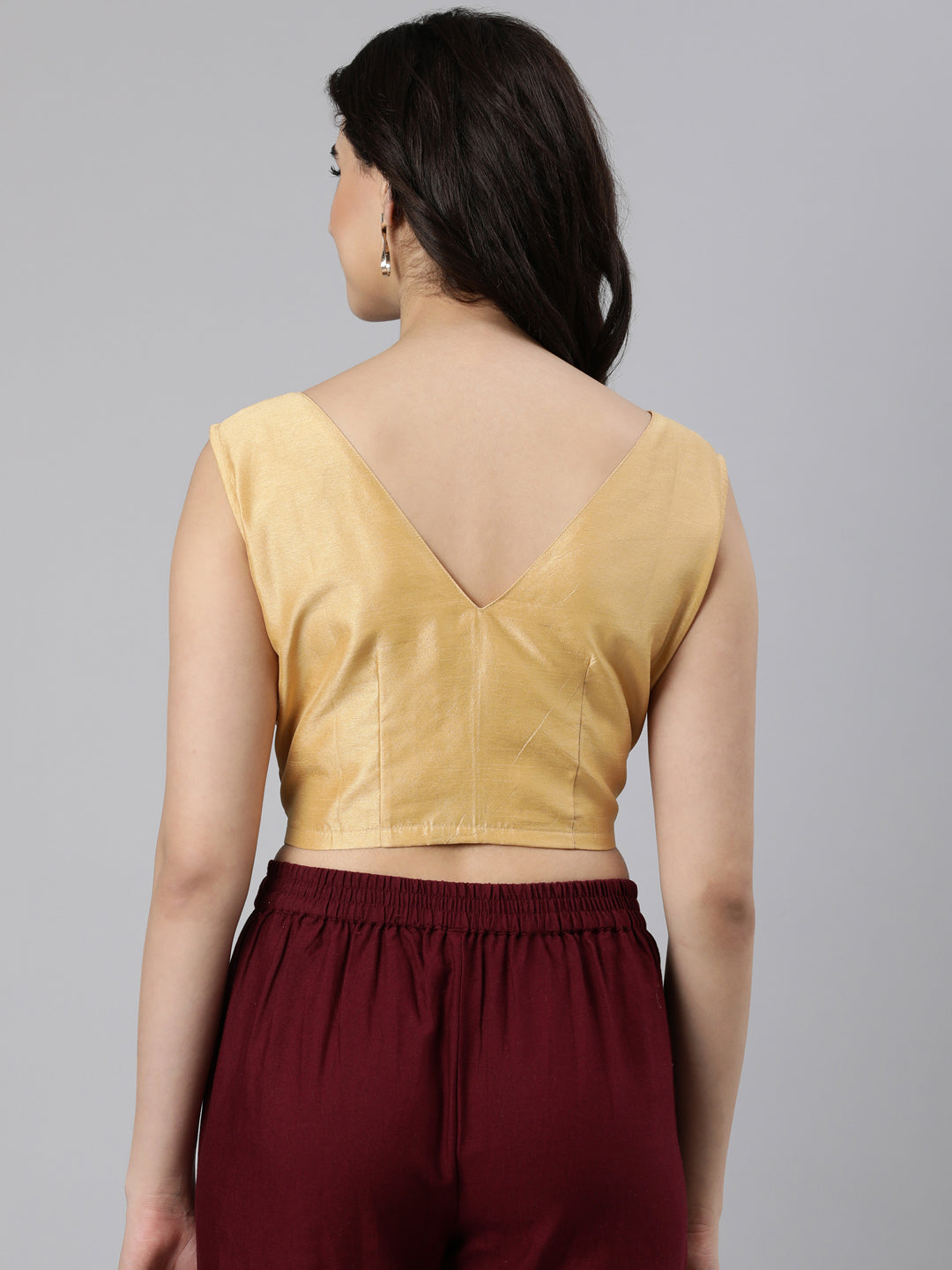 Beige Solid Sleeveless V-Neck Dupion Silk Knot Blouse