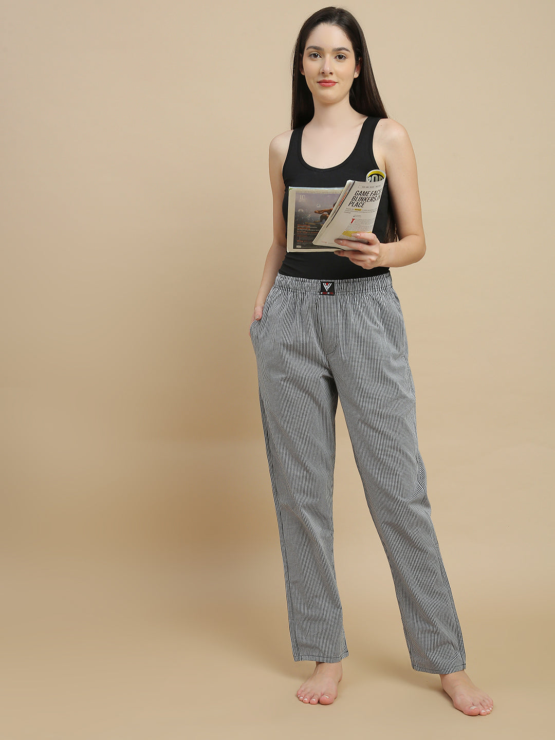 Women Black & White Micro Checked Cotton Pyjamas