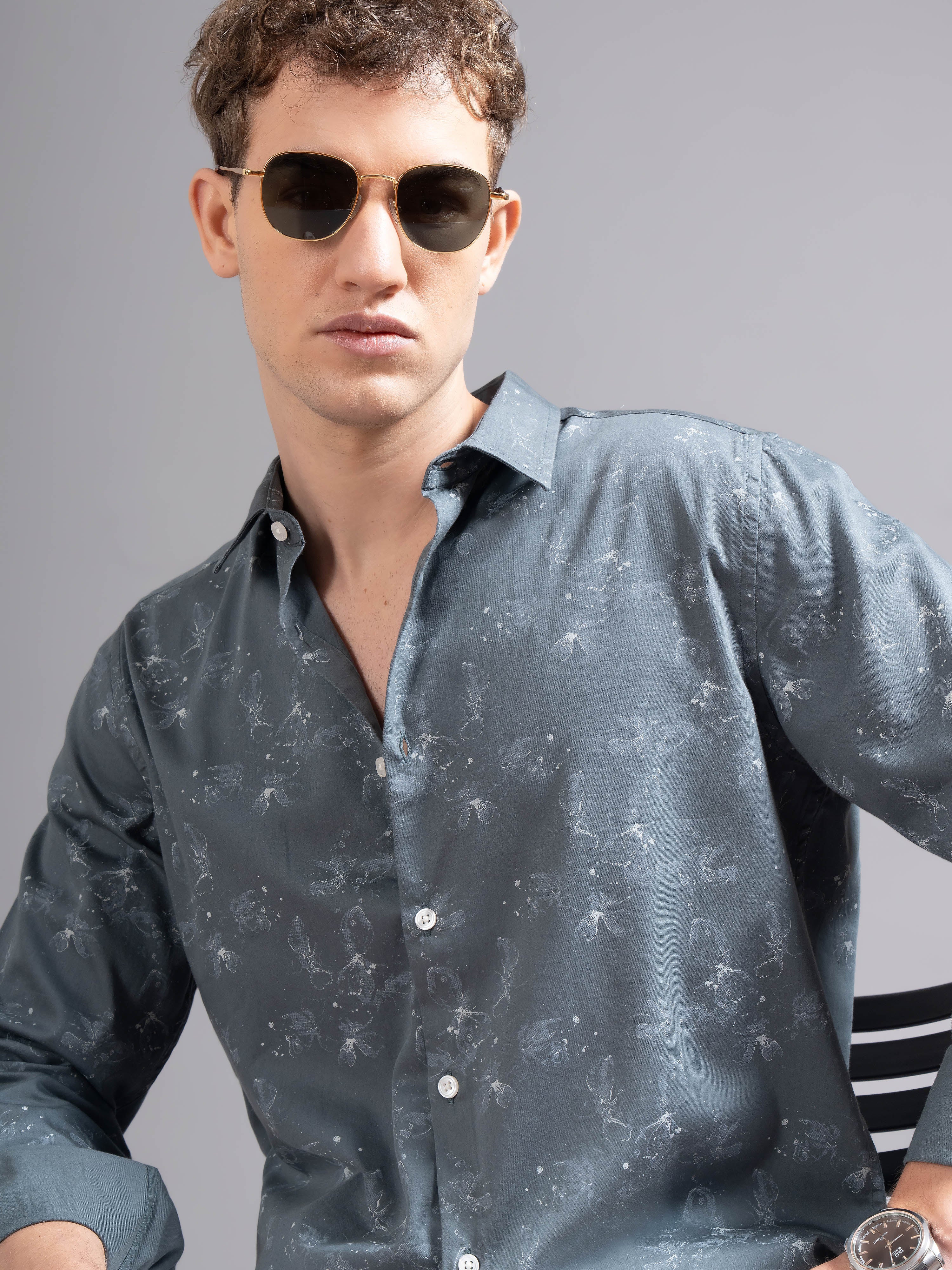 Men Grey Floral Print Shirt