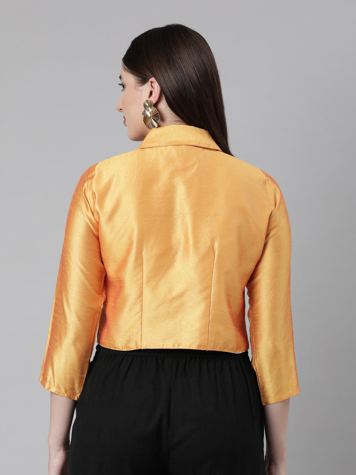 Mustard Solid Three-Quarter Sleeves Mandarin Collar Dupion Silk Knot Blouse