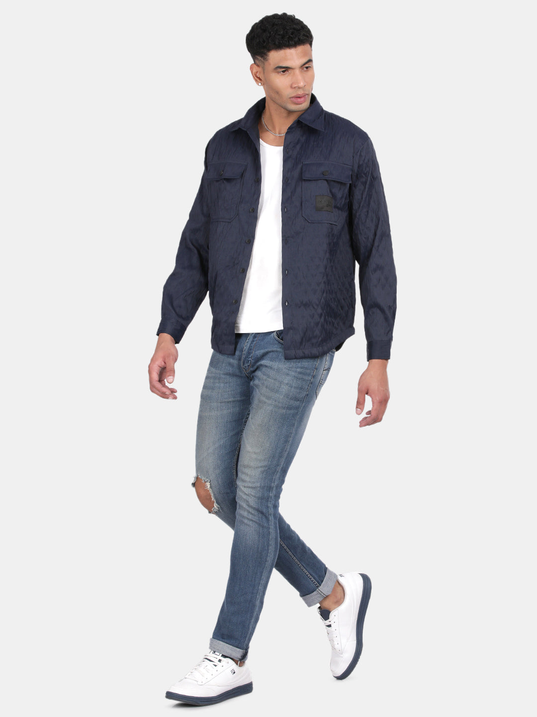 Men Navy Slim Fit Spread Collar Full Sleeve Casual Shirt