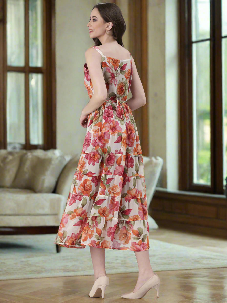 Women Cream Floral Print Tiered Dress