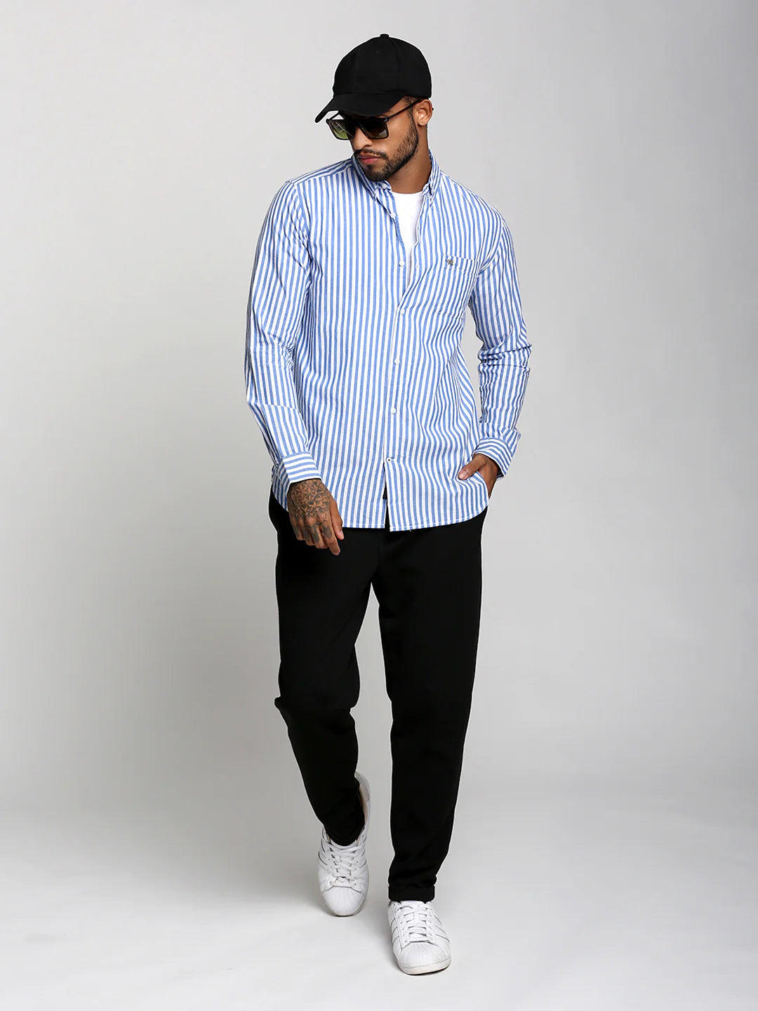 Men Blue Striped Casual Shirt