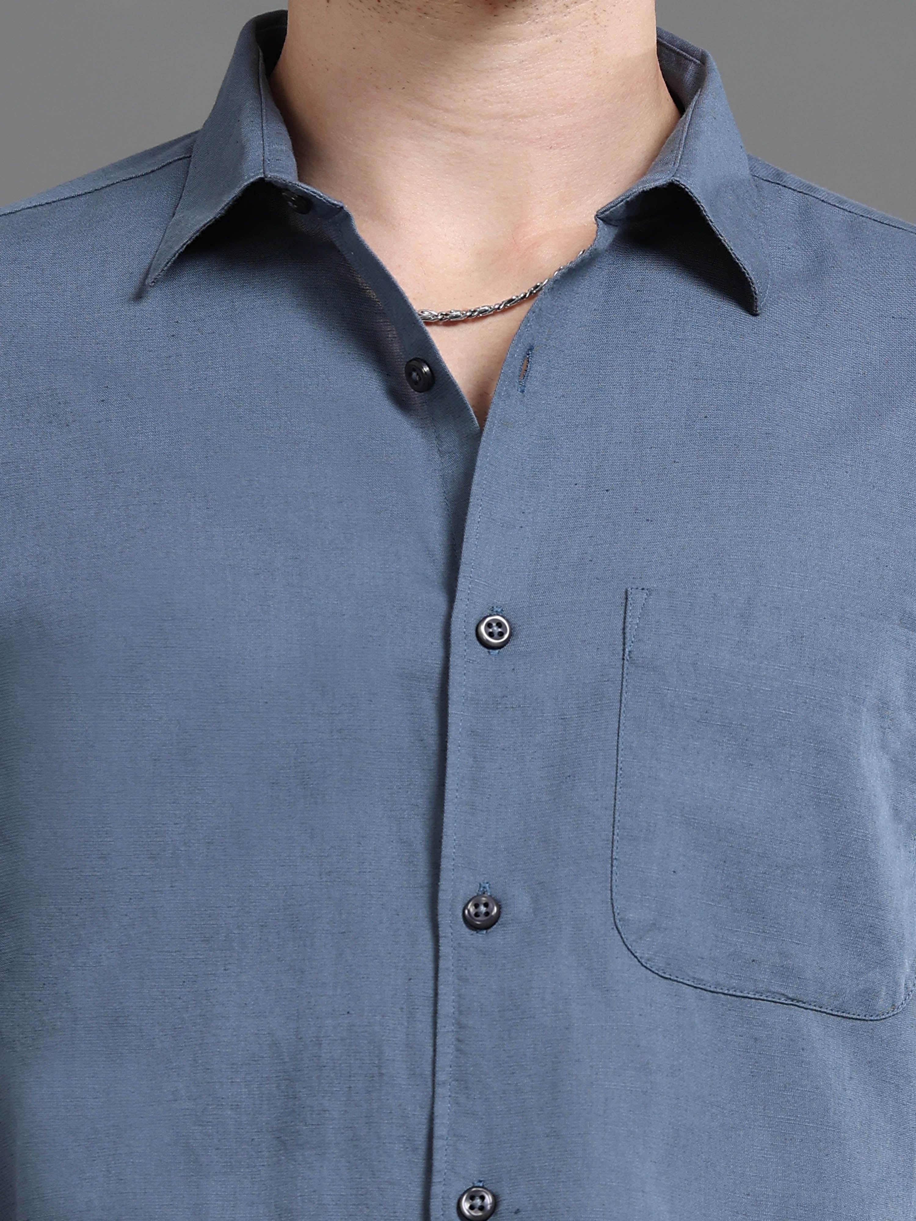 Men Blue Cotton Linen Slim Fit Shirt