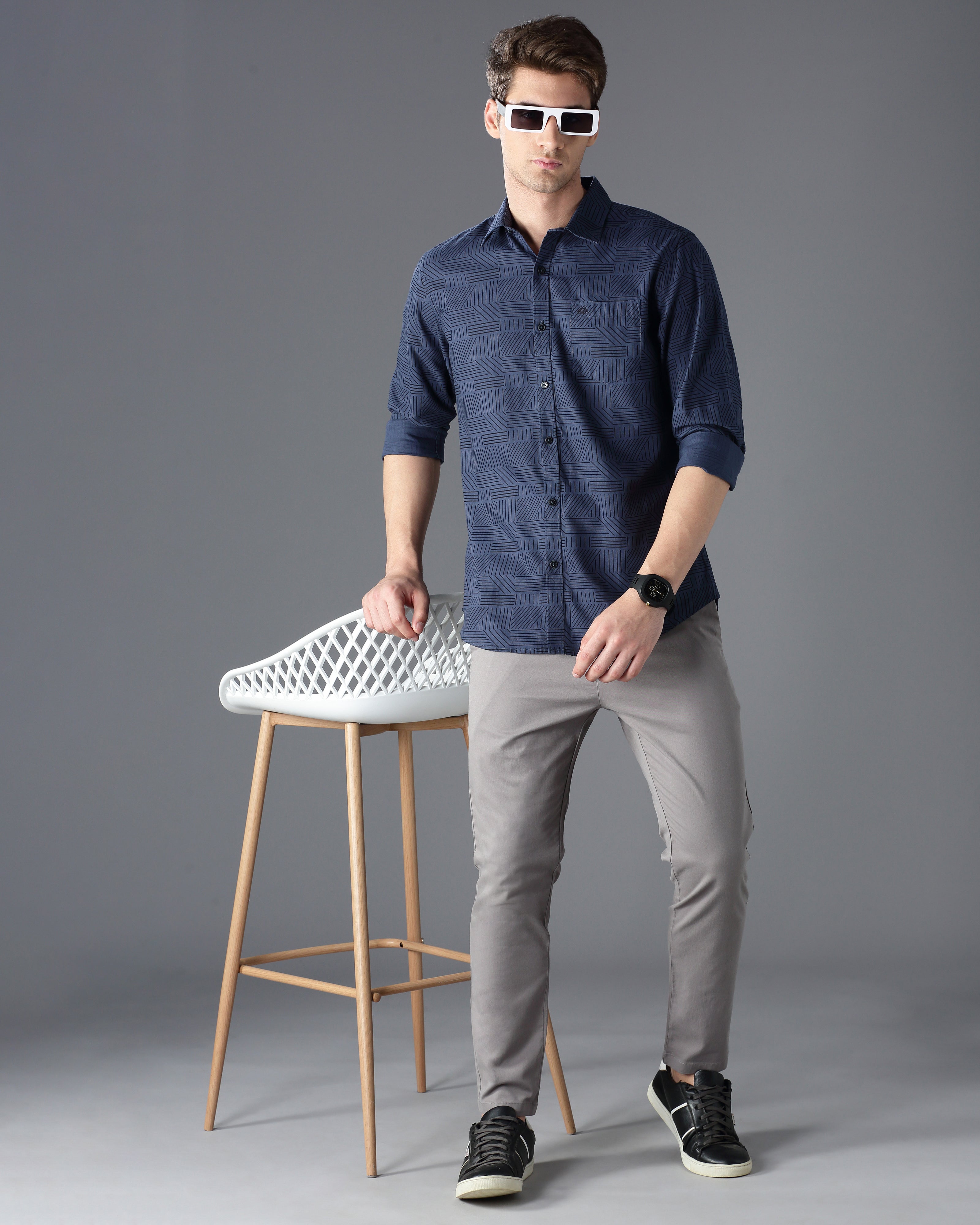 Men Blue Cotton Slim Shirt