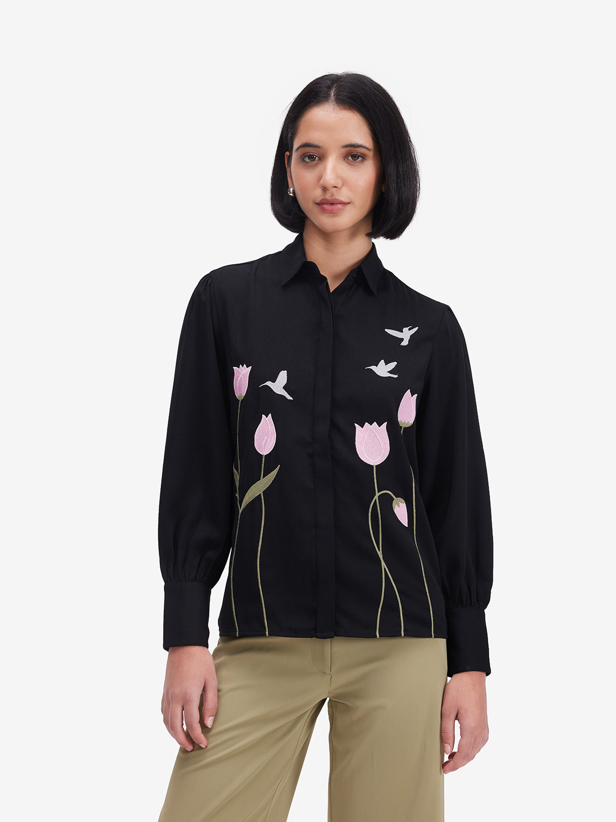 Women Black Luxe Floral Embroidered Shirt