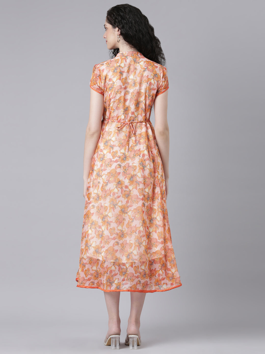 Women Peach Floral Chiffon Dress