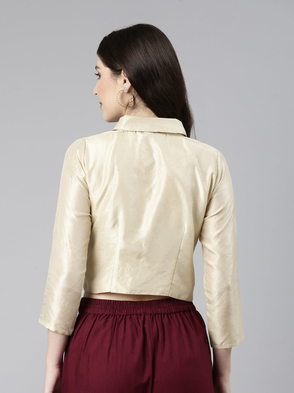 Beige Solid Three-Quarter Sleeves Mandarin Collar Dupion Silk Knot Blouse