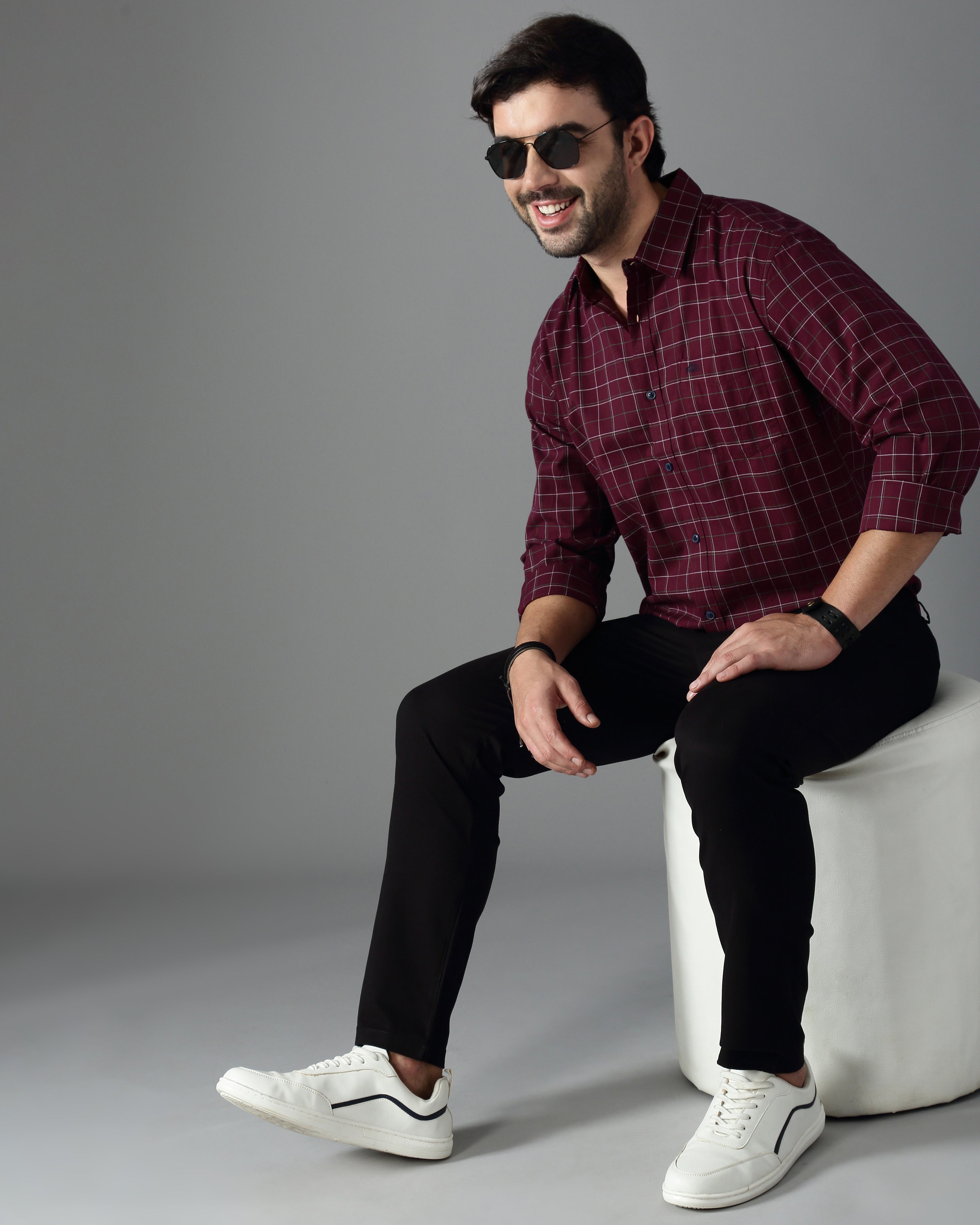 Men Burgundy Twill Checked Shirt