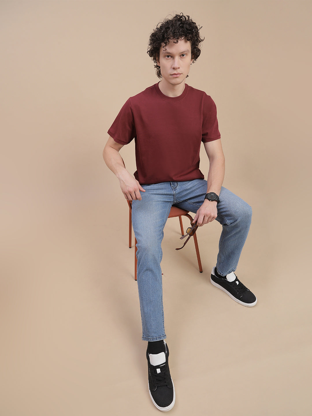 Men Burgundy Crew Neck T-Shirt