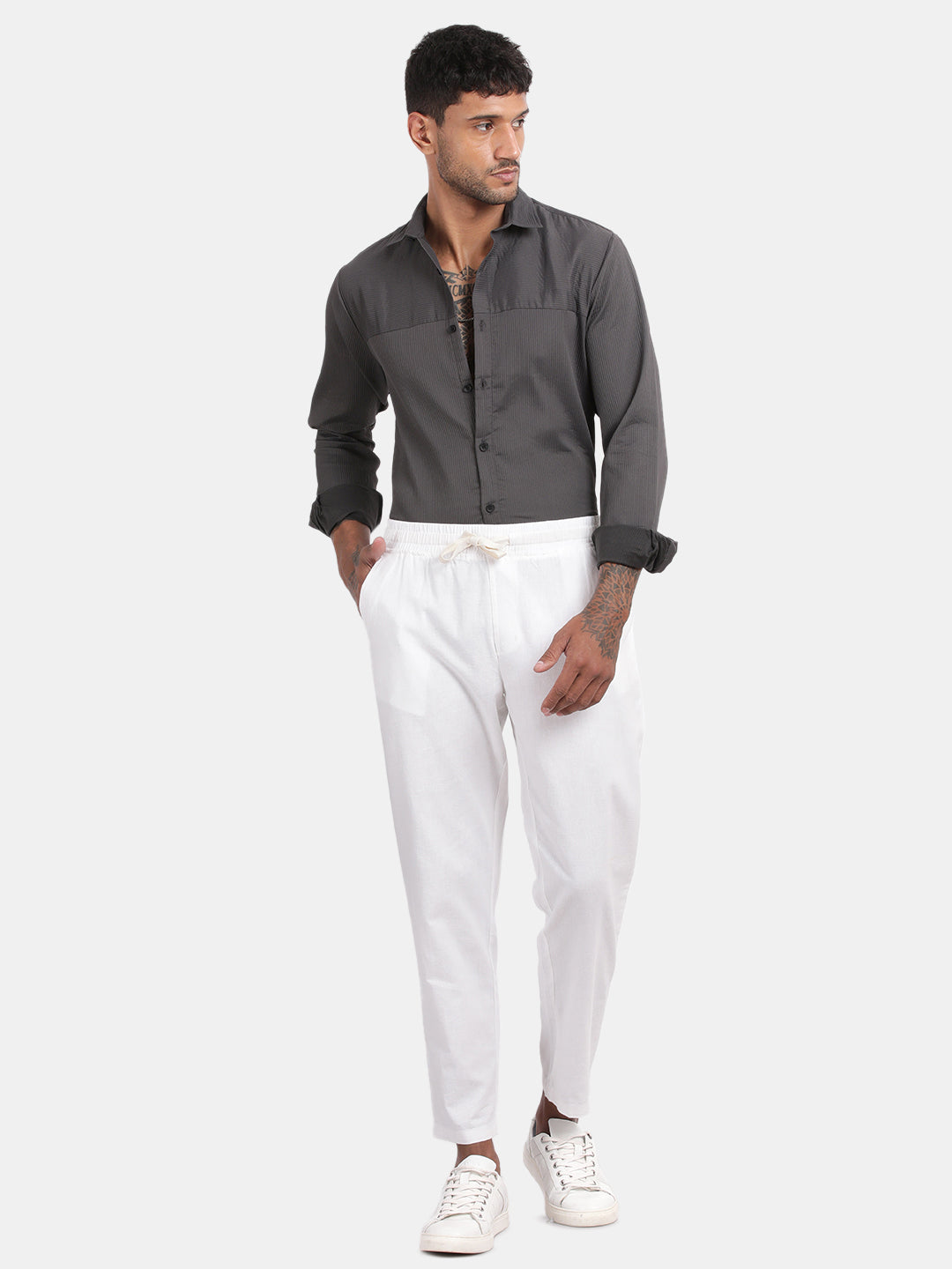 Men Grey Slim Fit Spread Collar Full Sleeve Casual Shirt