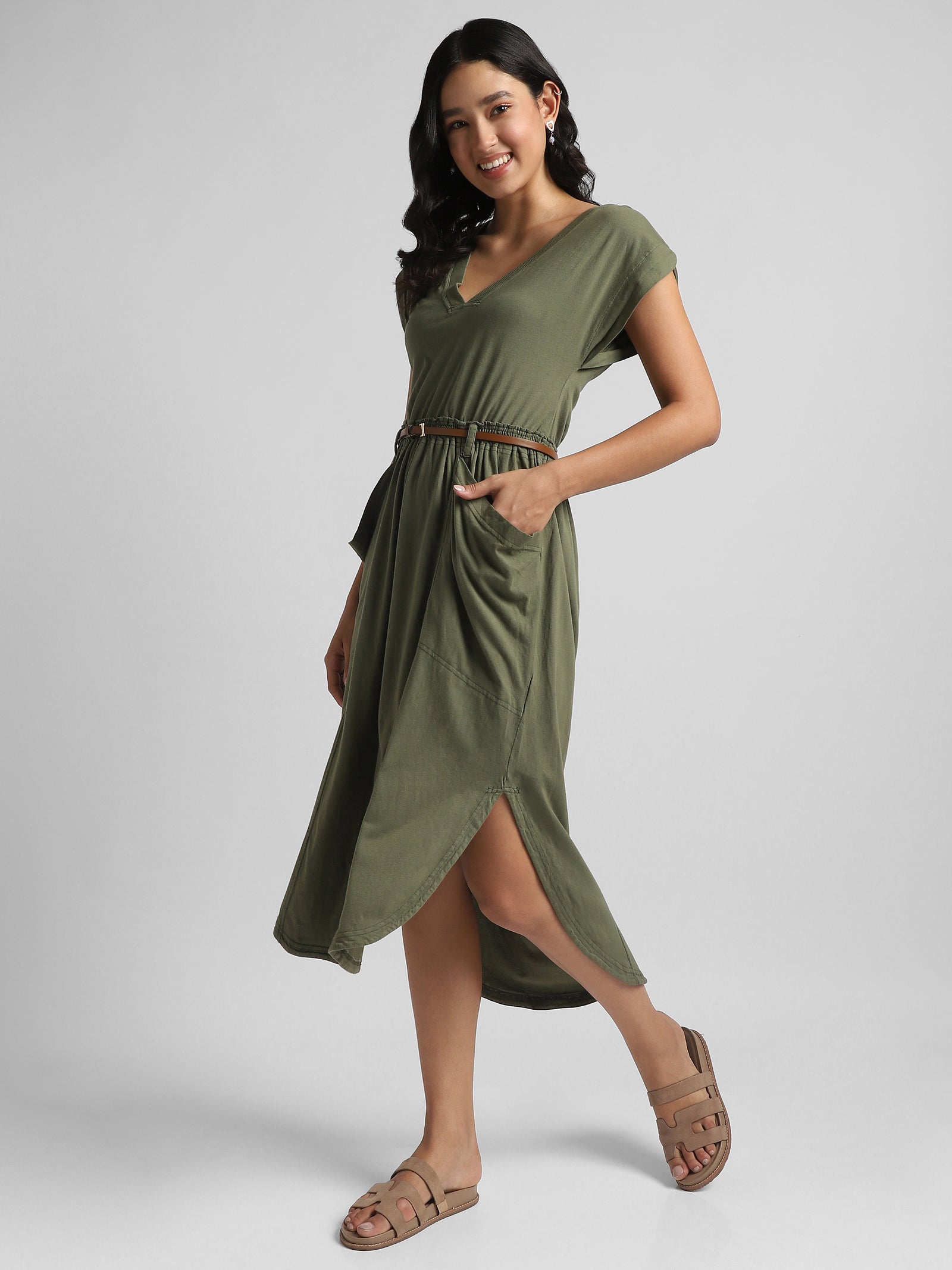 Women Olive Maxi Dress with Side Slit