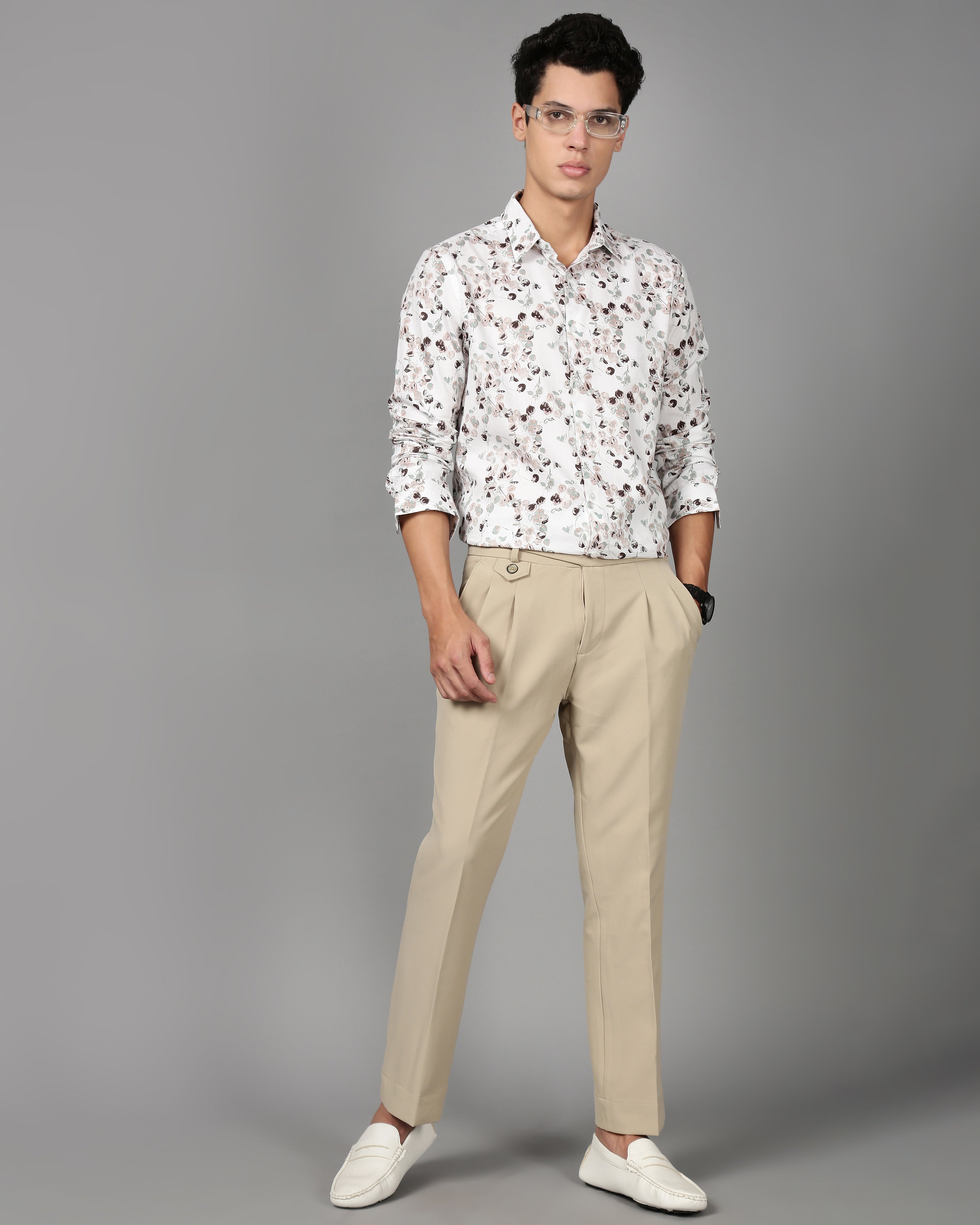 Men White Floral Print Shirt