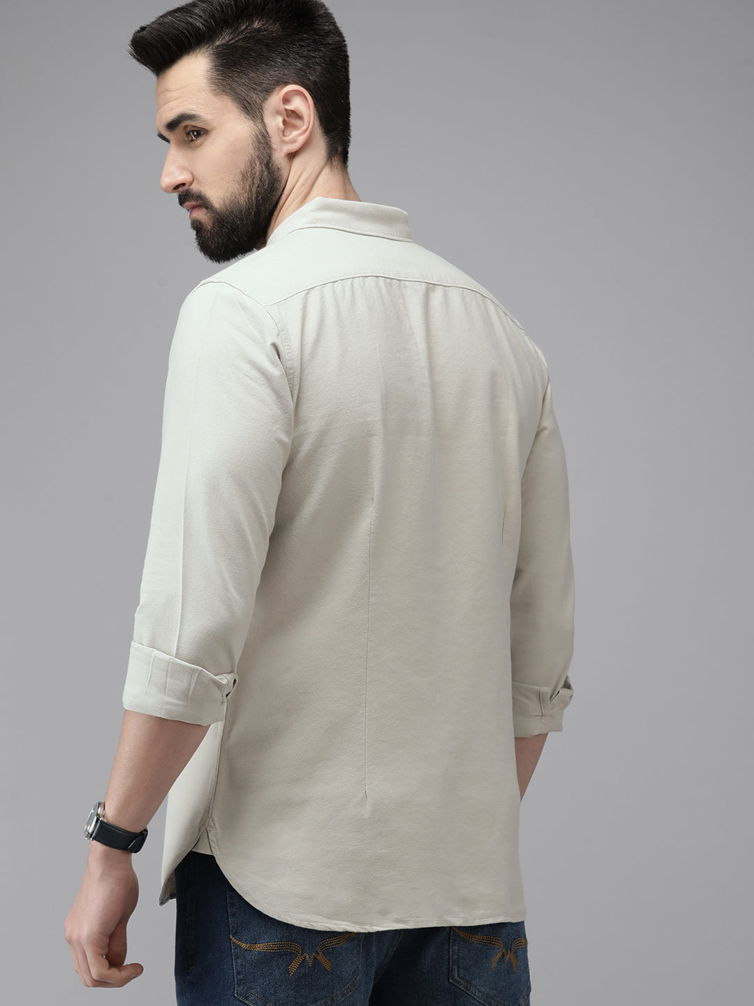 Men Beige Solid Slim Fit Cotton Shirt