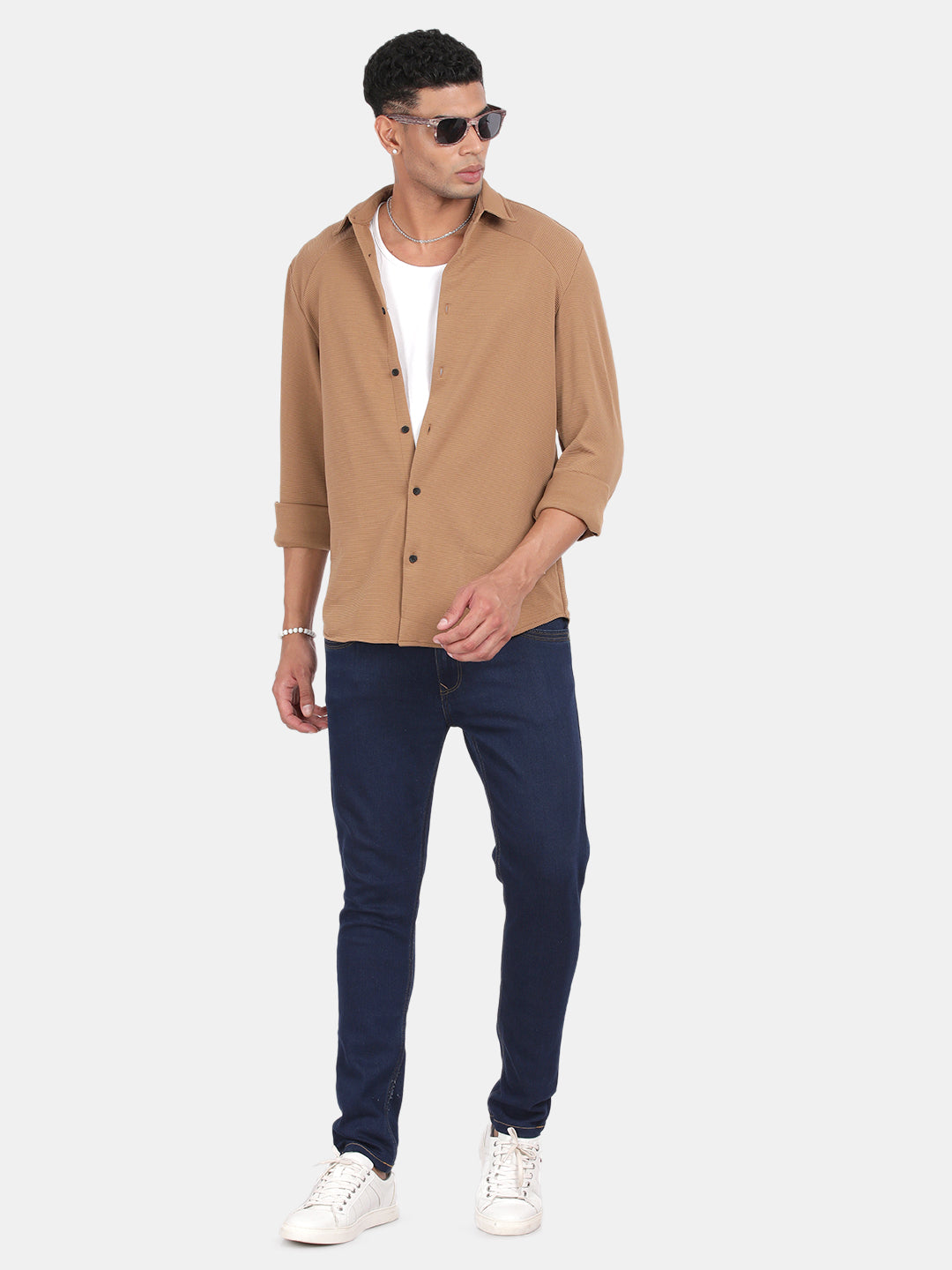 Men Khaki Slim Fit Spread Collar Full Sleeve Casual Shirt