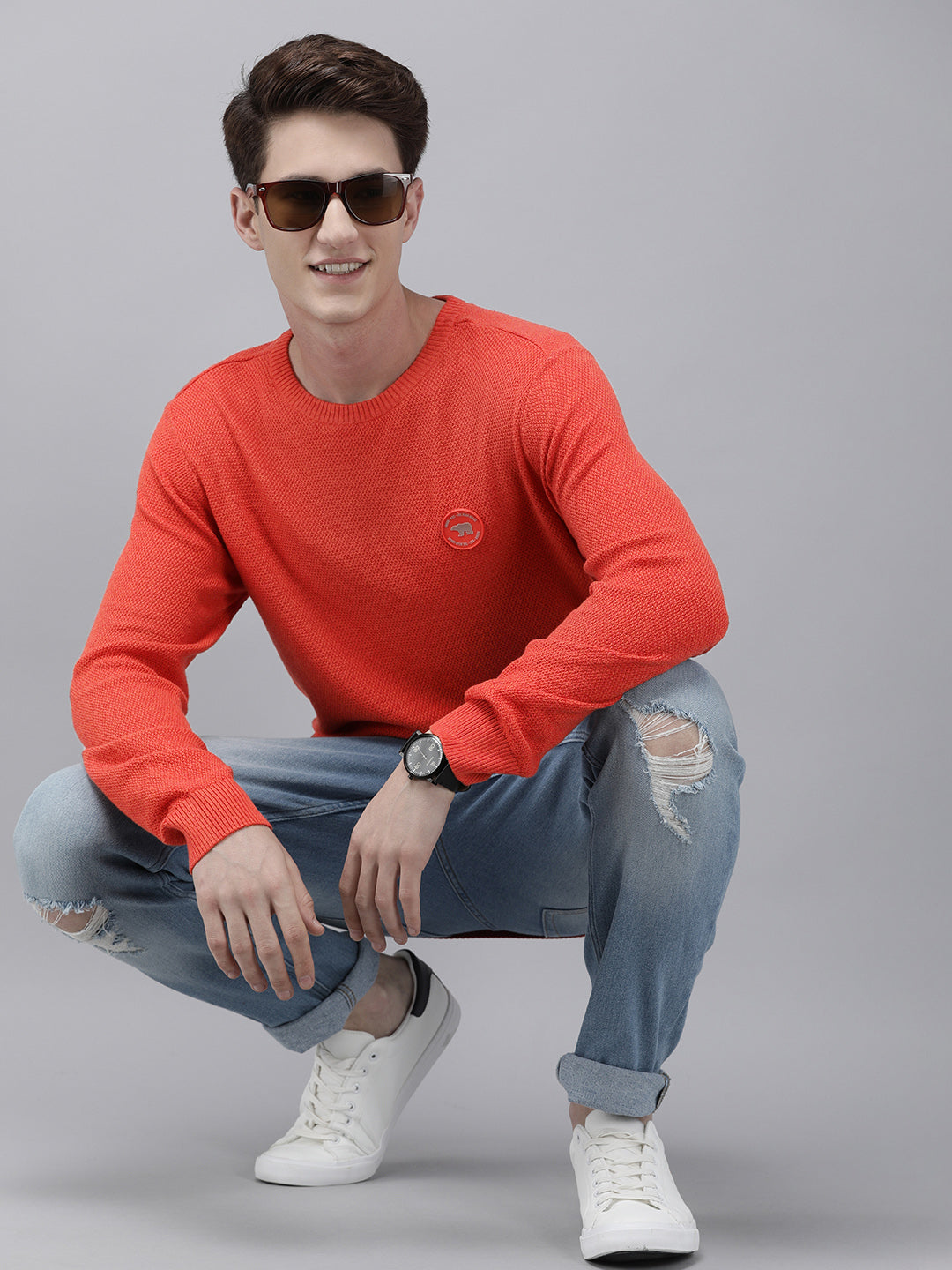 Men Ardor Edition Orange Self-Designed Slim Fit Knitted Pullover