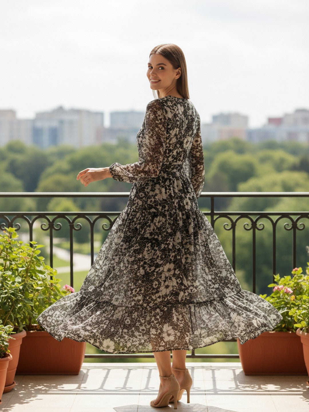 Women Floral Chiffon Flared Midi Dress