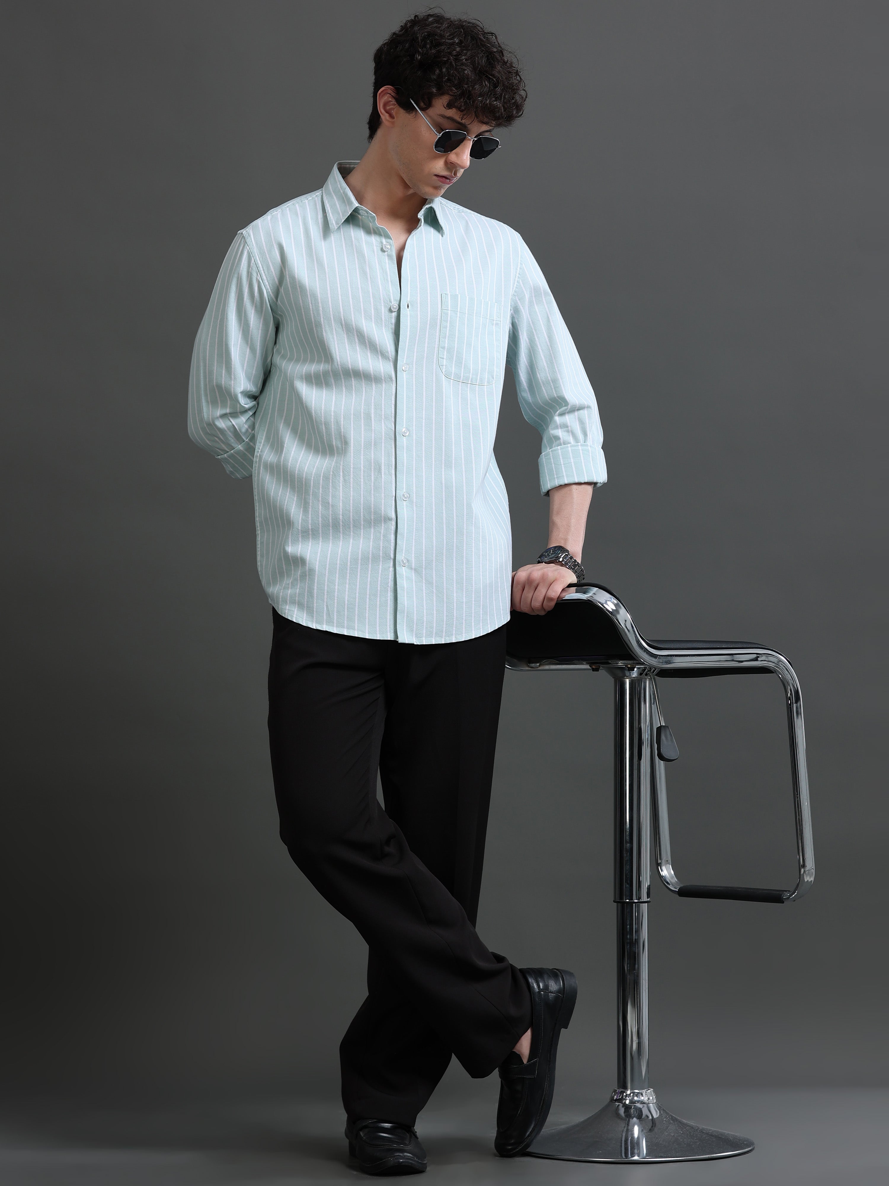 Men Green Striped Shirt