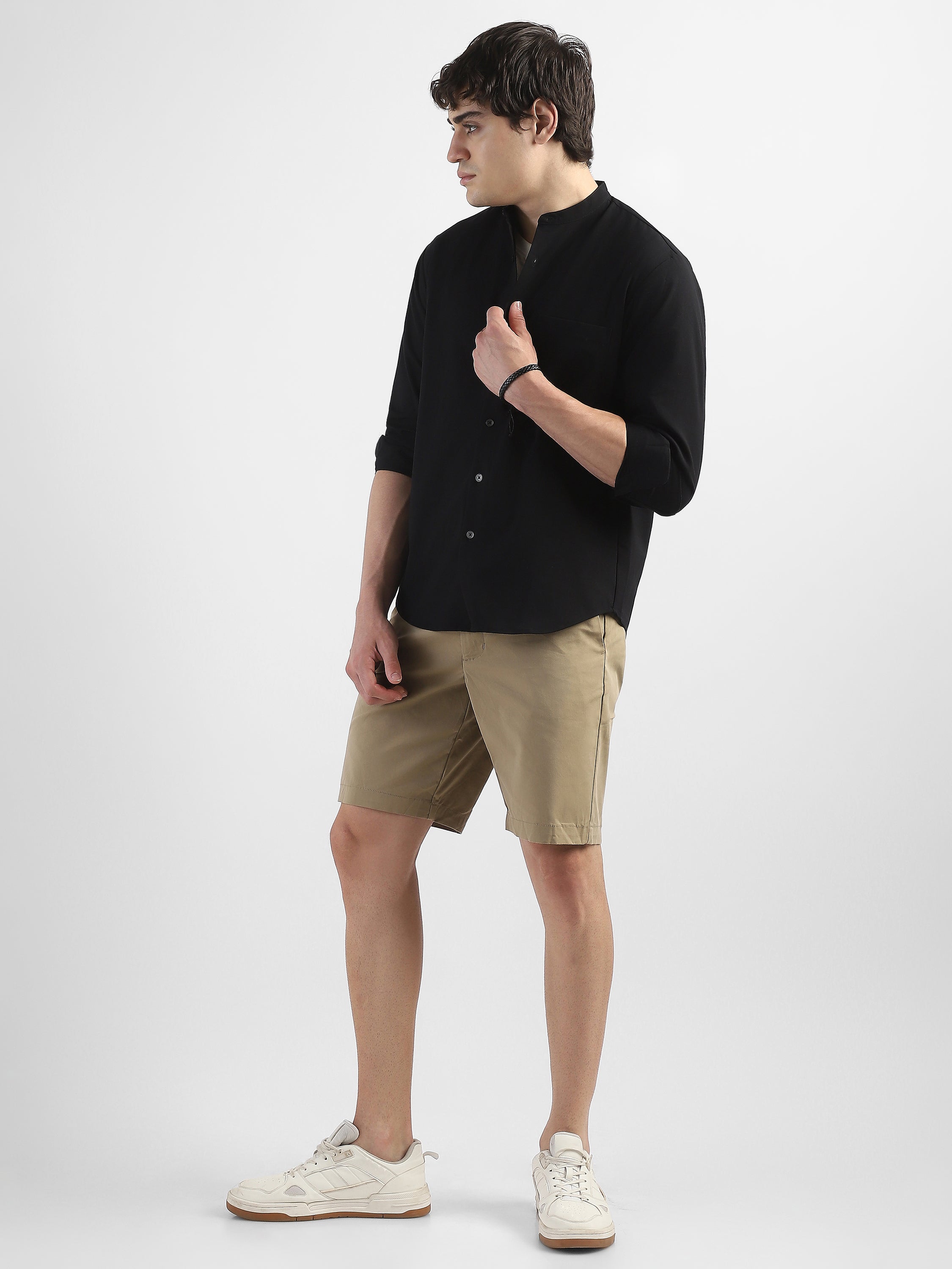 Men Black Mandarin Collar Regular Fit Shirt