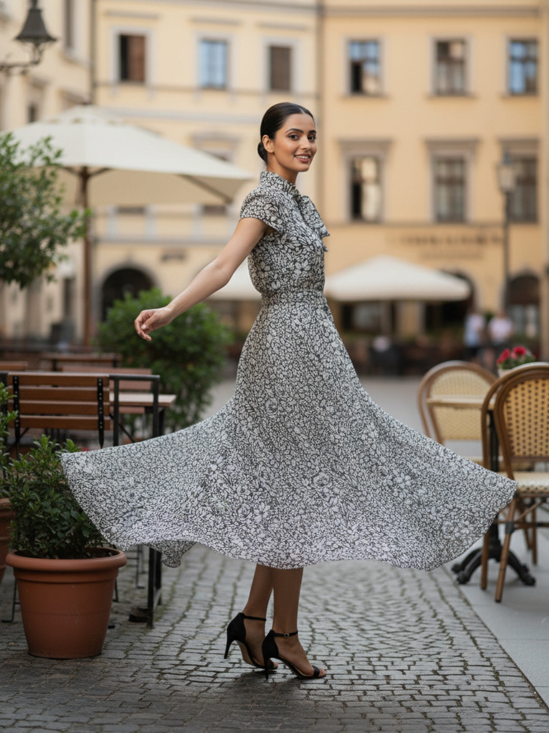 Women Floral Chiffon Flared Midi Dress