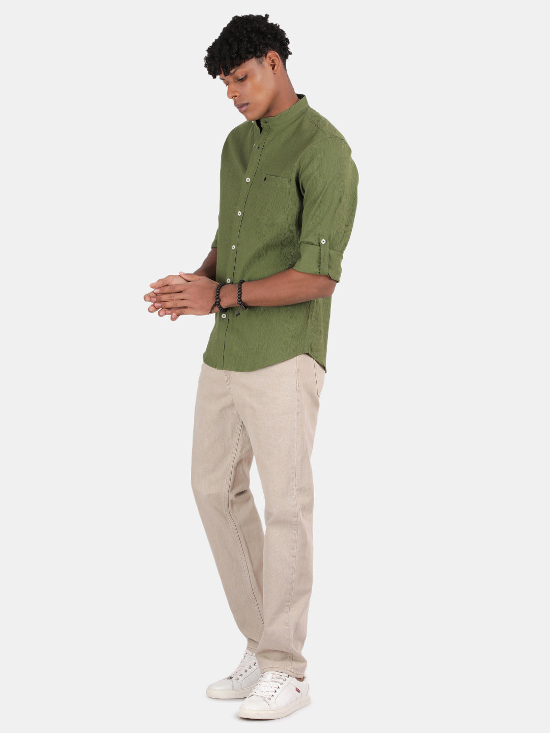 Men Green Slim Fit Mandarin Collar Full Sleeve Casual Shirt