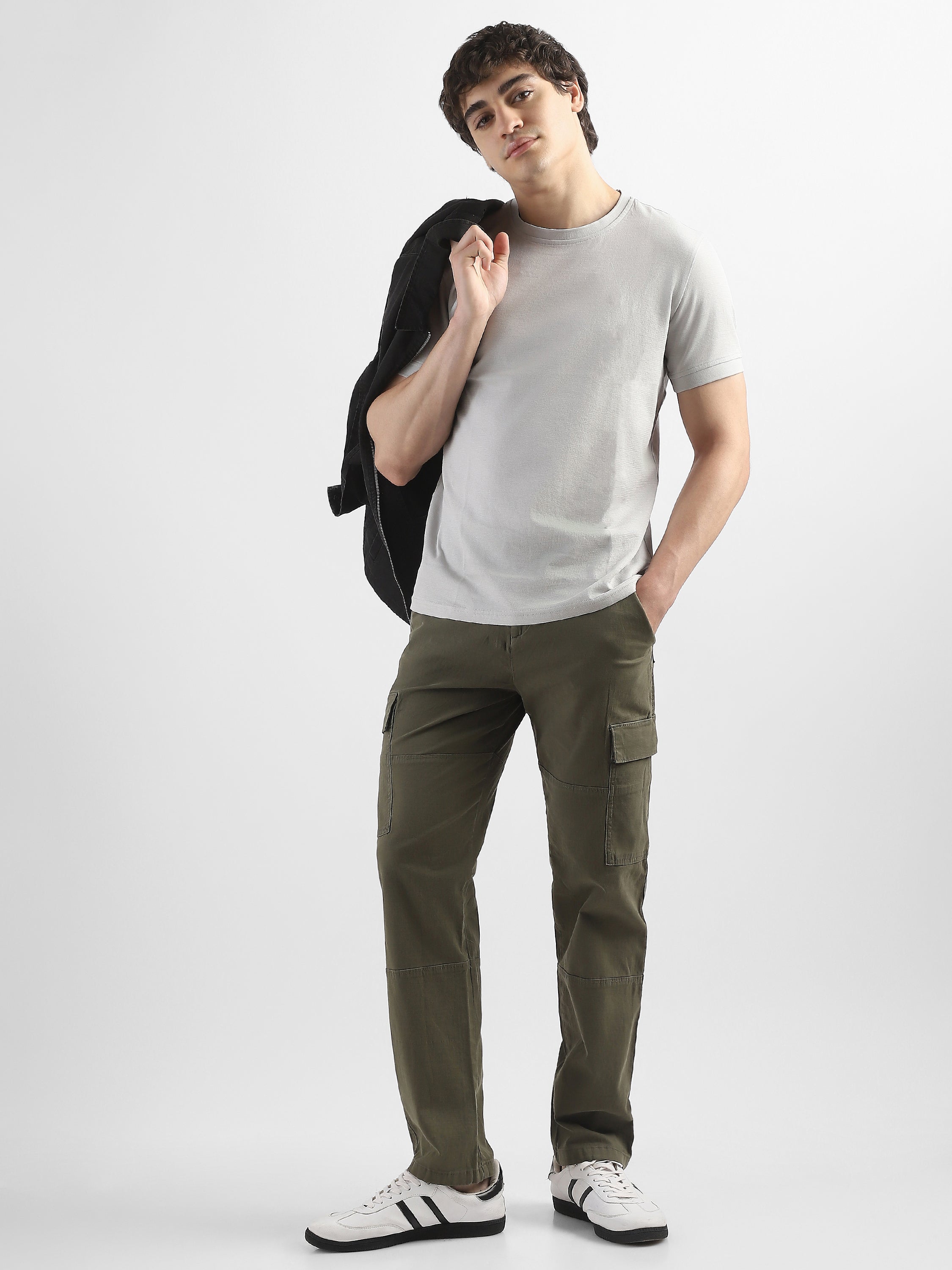 Men Olive Comfort Cargo Pants with 6 Pockets
