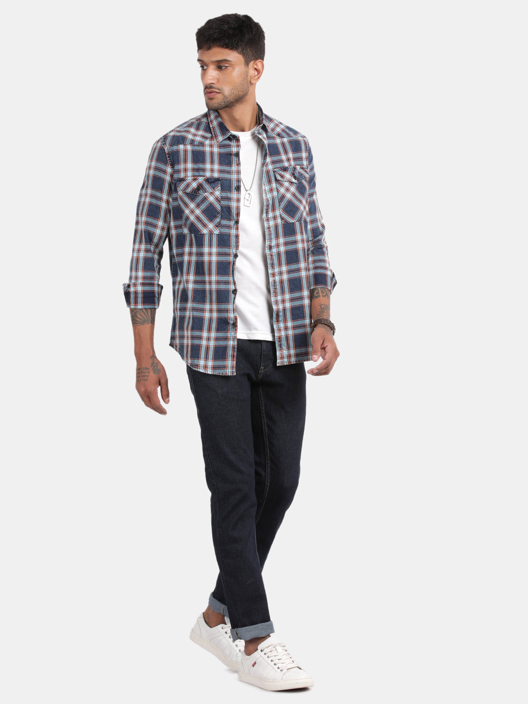 Men Navy Slim Fit Spread Collar Full Sleeve Casual Shirt