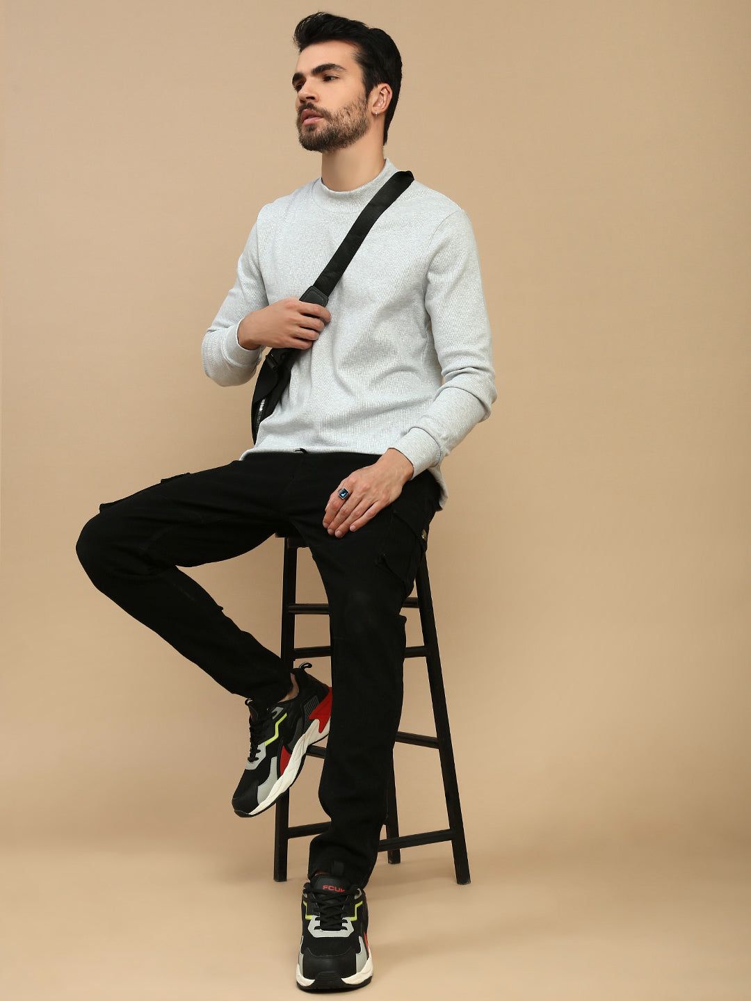 Men White High Neck T-Shirt