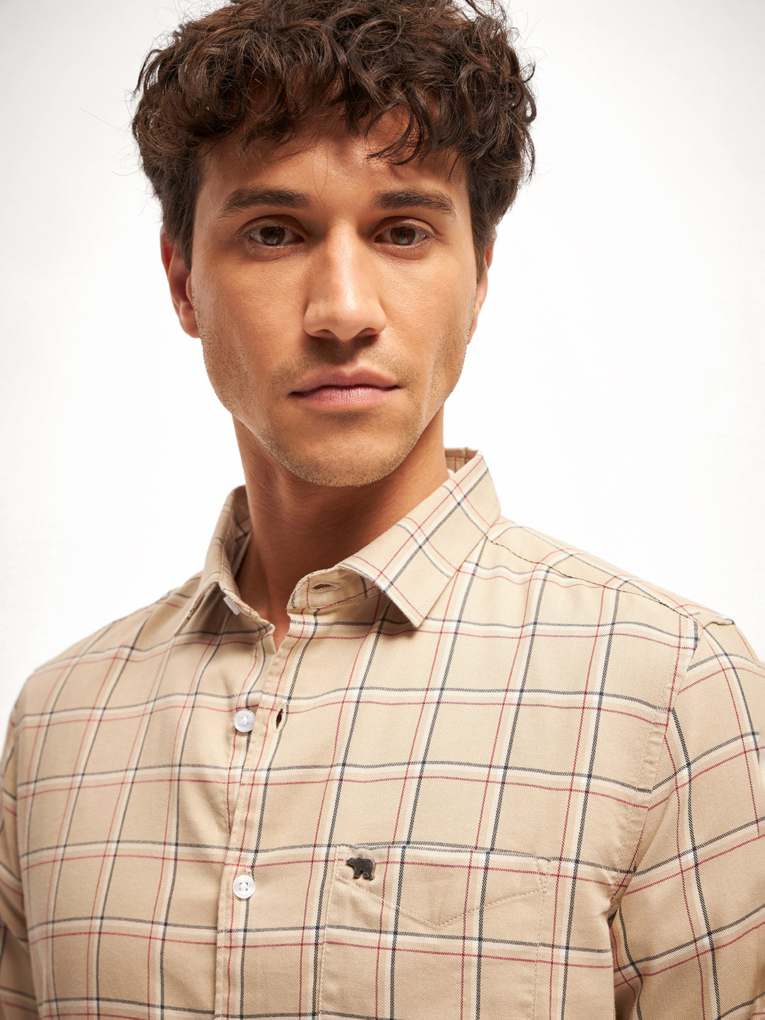 Men Beige Checked Slim Fit Casual Shirt