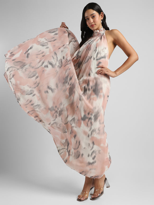 Women printed Backless maxi Flared dress