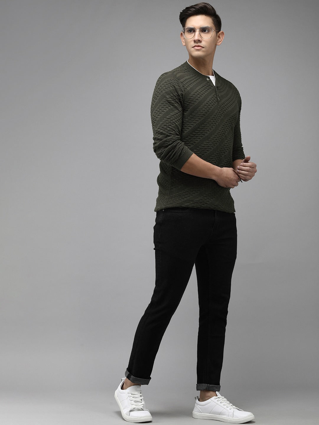 Men Ardor Edition Green Self Design Pure Cotton Knitted Pullover Sweatshirt
