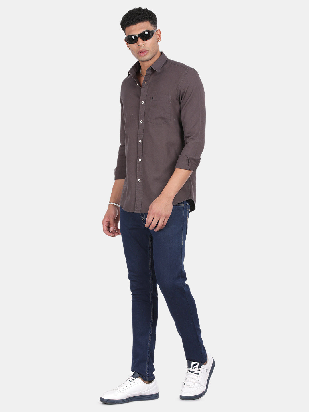 Men Grey Slim Fit Spread Collar Full Sleeve Casual Shirt