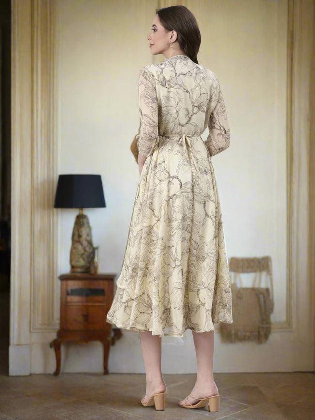 Women Cream Floral Tiered Midi Dress