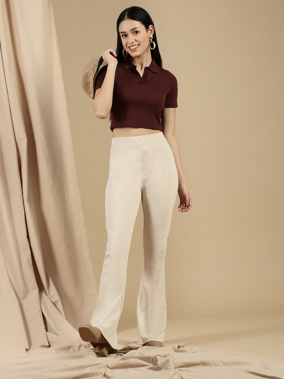 Women Brown Half Sleeve Crop Top