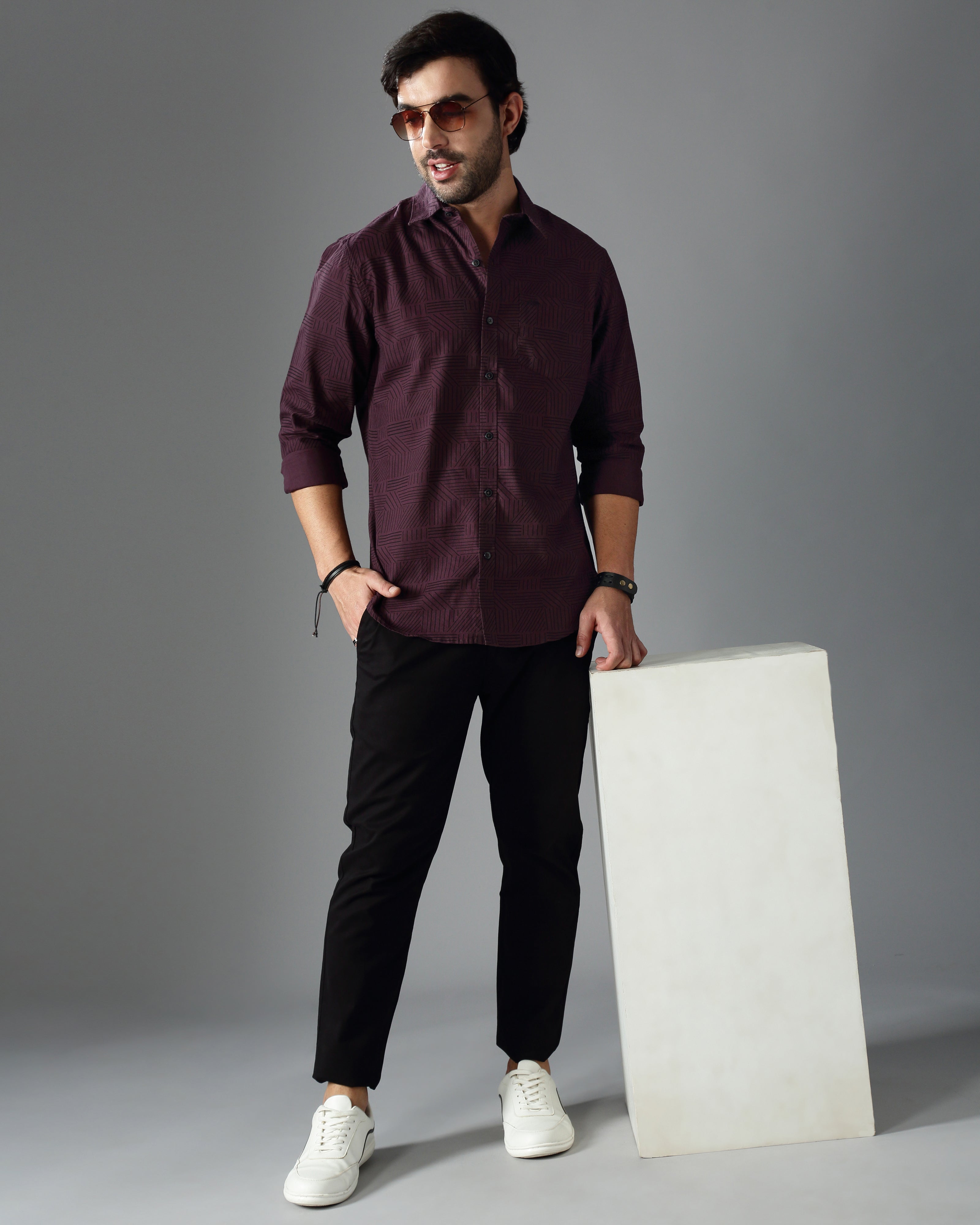 Men Burgundy Cotton Slim Shirt