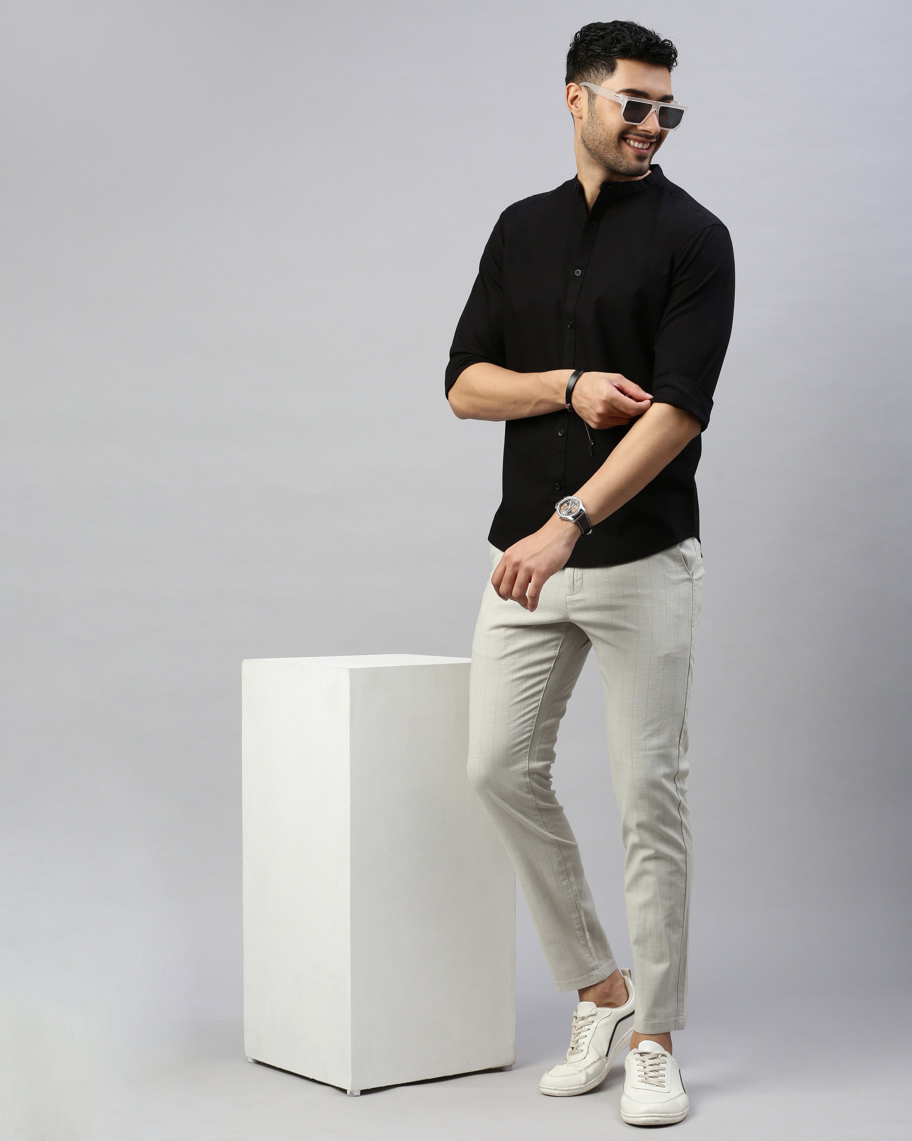 Men Black Cotton Slim Shirt