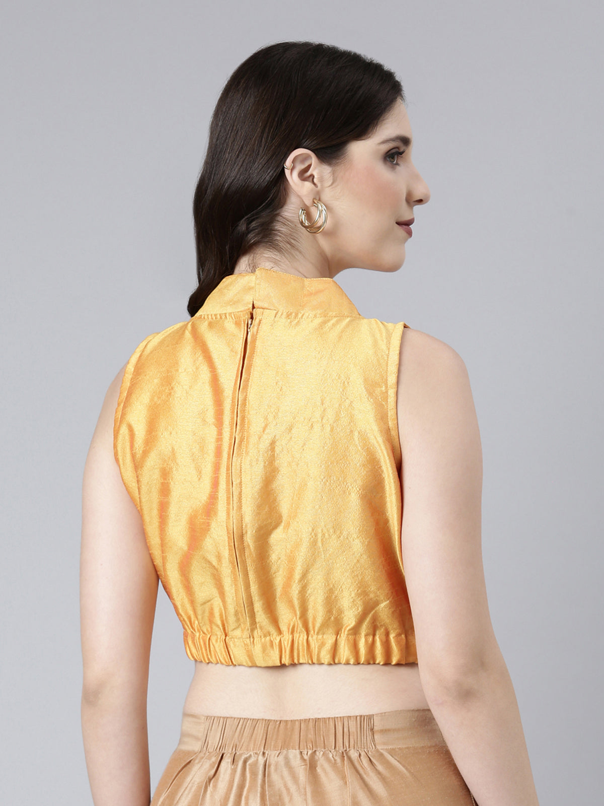 Mustard Solid Three-Quarter Sleeves Mandarin Collar Dupion Silk Knot Blouse