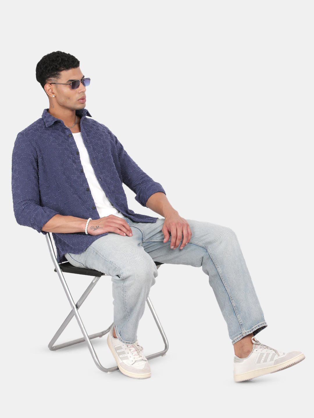 Men Navy Slim Fit Spread Collar Full Sleeve Casual Shirt