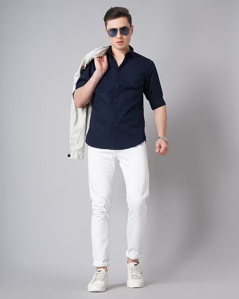 Men Blue Spread Collar Shirt