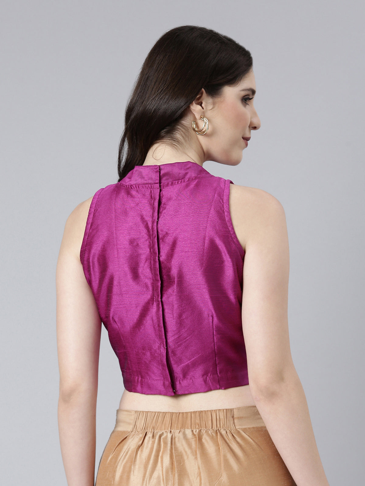 Purple Solid Sleeveless Mandarin Collar Dupion Silk Knot Blouse