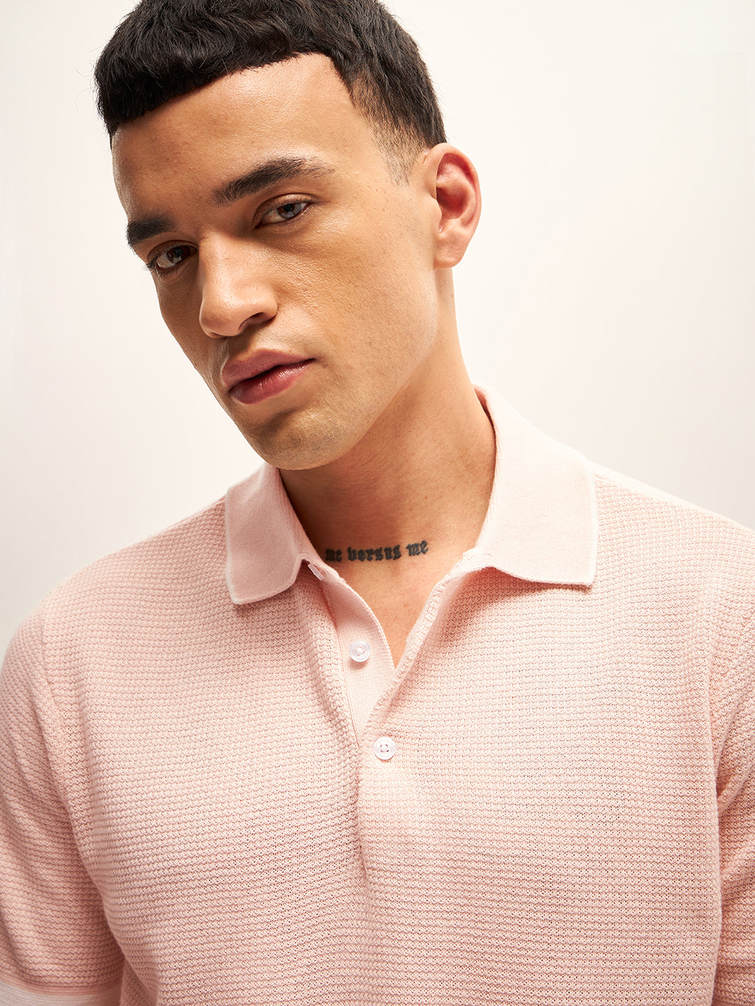 Men Peach Self Design Regular Fit Polo T-Shirt