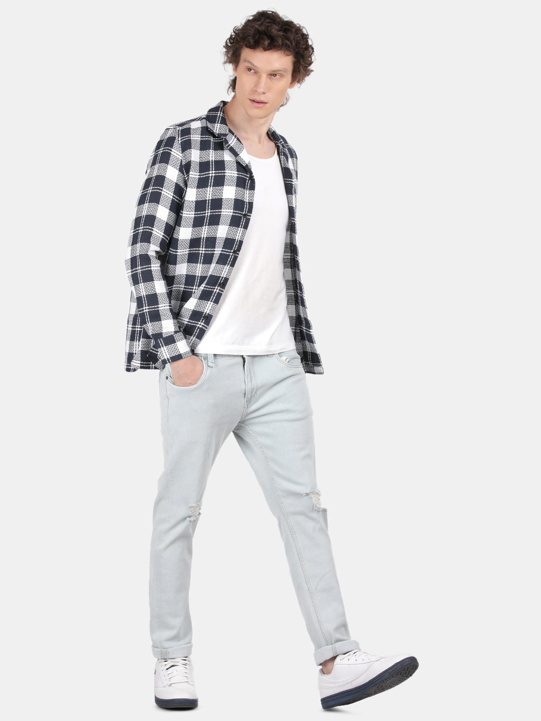 Men Navy Slim Fit Lapel Collar Full Sleeve Casual Shirt